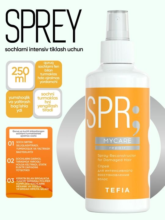 Sprey TEFIA MY CARE soch turmaklash uchun, 250 ml, keratin bilan, namlantiradi va tiklaydi - 