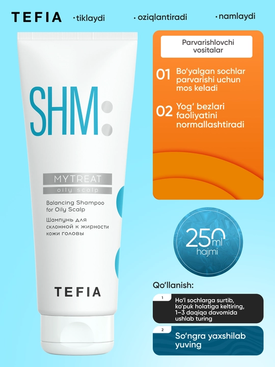 Shampun yog'li bosh terisi uchun, TEFIA MY TREAT, 250 ml, professional, chuqur tozalaydi