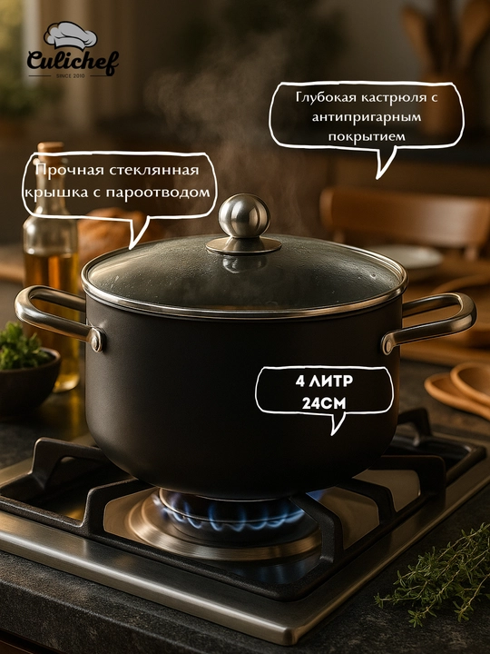 Кастрюля с антипригарным покрытием, со стеклянной крышкой, для каш