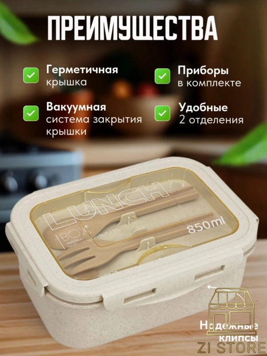 Lanch boks, ovqatni olib yurish uchun germetik konteyner, anjomlari bilan, Zi Store