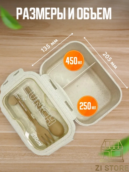 Lanch boks, ovqatni olib yurish uchun germetik konteyner, anjomlari bilan, Zi Store