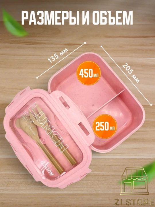 Lanch boks, ovqatni olib yurish uchun germetik konteyner, anjomlari bilan, Zi Store