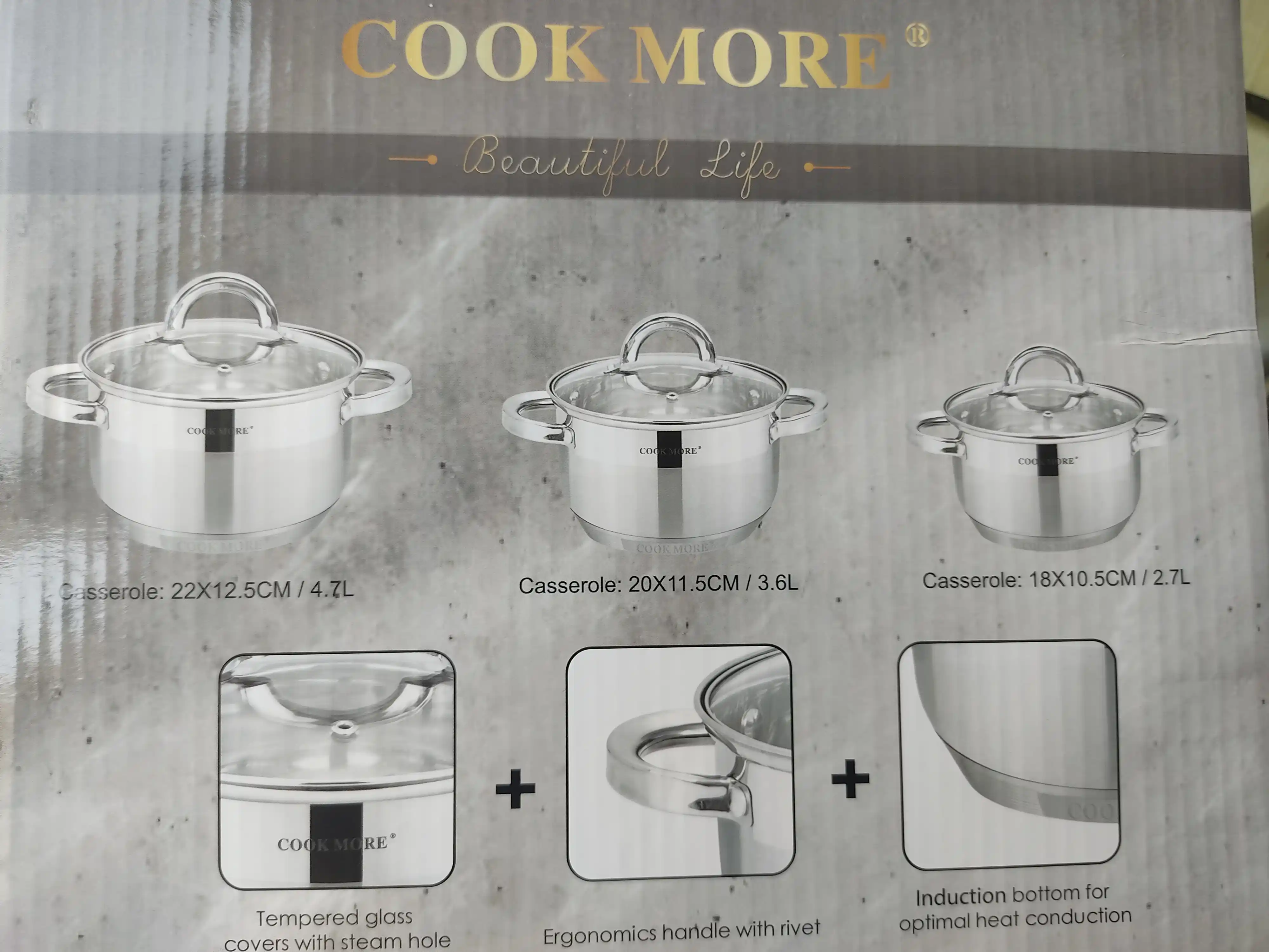 Набор кастрюль Cook More, нержавейка, индукция, стеклянные крышки