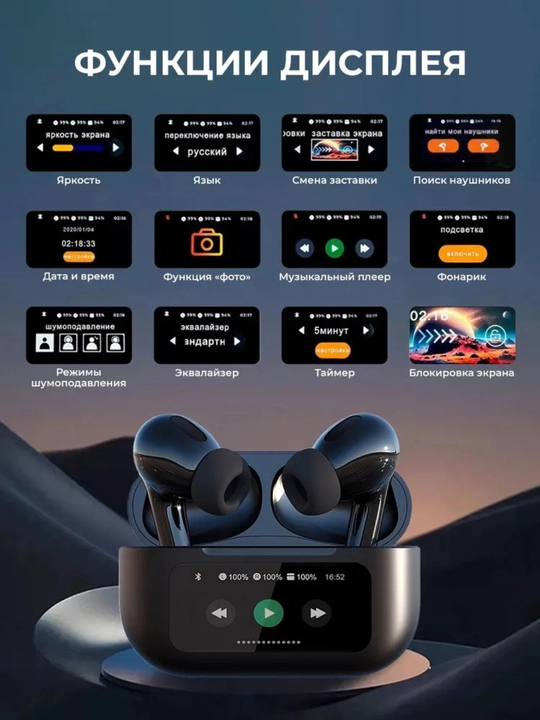 Смарт Bluetooth наушники с экраном, сенсорное управление, уведомления, 22+ функции