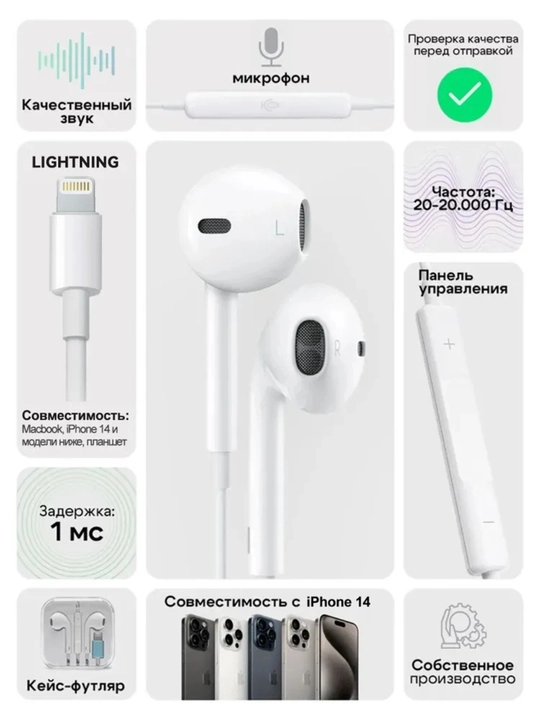 IPhone uchun oq simli quloqchin, Lightning, mikrofonli