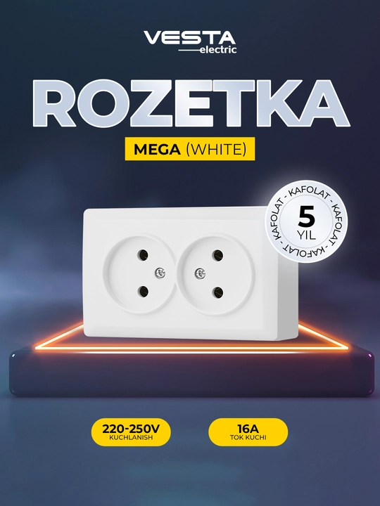 Vesta MEGA qo‘sh rozetkasi, oq, ishonchli va bir korpusdagi uslub - 