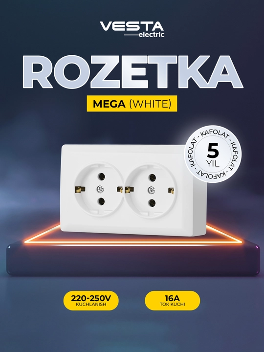 Vesta MEGA qo‘sh rozetkasi, oq, yerga ulangan - 