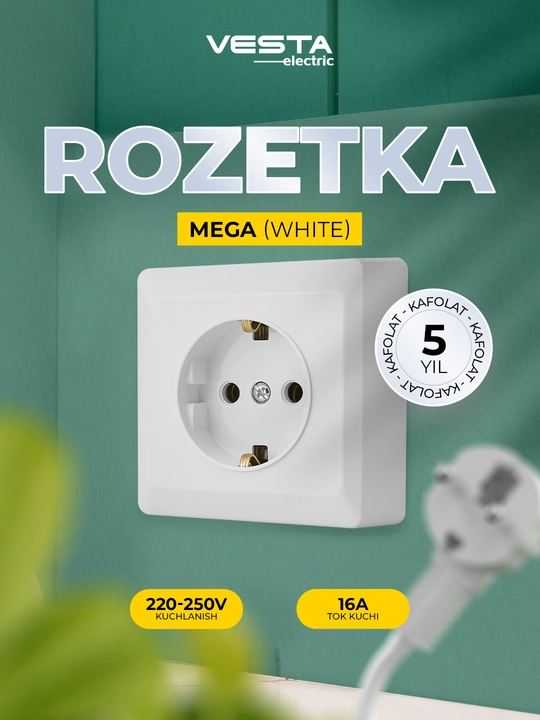 Vesta MEGA rozetkasi, oq, yerga ulangan, 16A, 220-250V - 