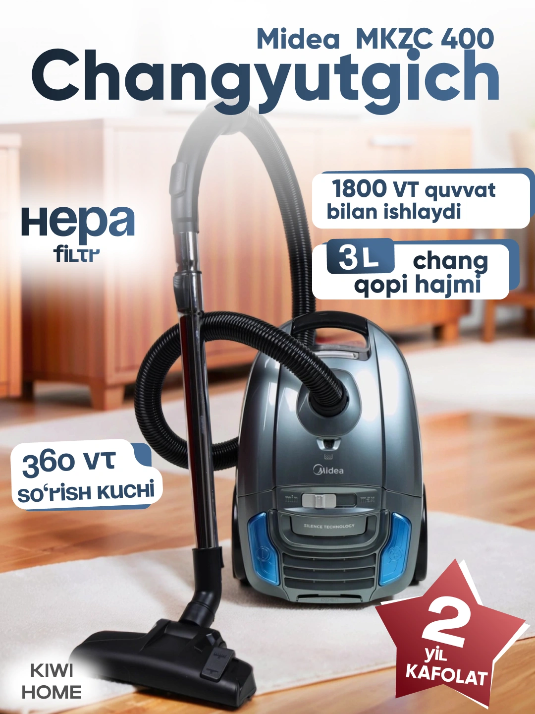 Пылесос Midea – 1800-2000 Вт мощность, 360 Вт всасывания, HEPA‑фильтр, для дома за 1149000 сум со скидкой 23%. Uzum Market
