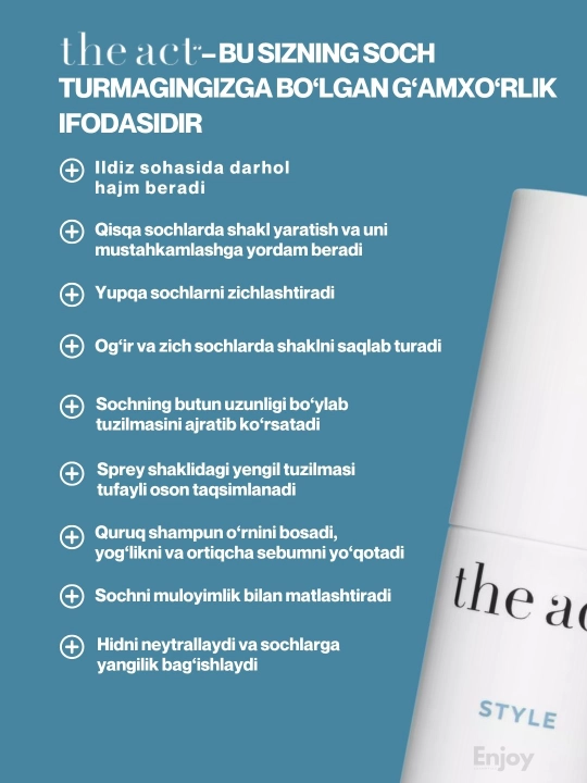 Pena, pasta, sprey, pudra uchun soch układkasi The Act, hajm, fiksatsiya, termohimoya