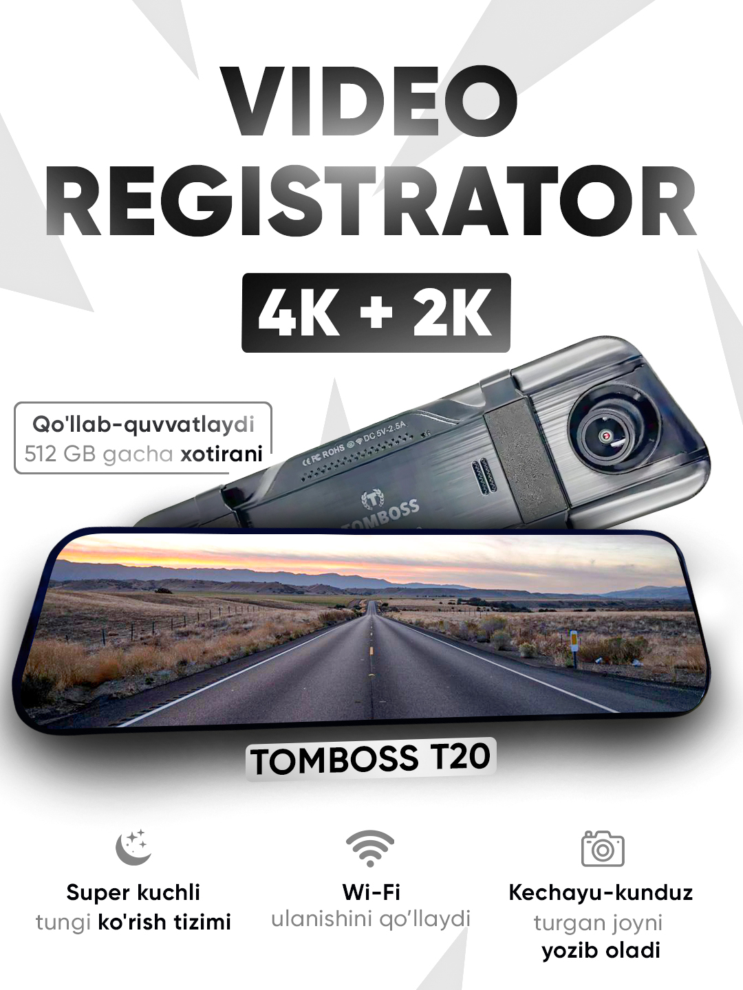 DVR TOMBOSS T20, Wi-Fi kuzatuvi, 4K format, 512GB chip, 1 yil kafolat