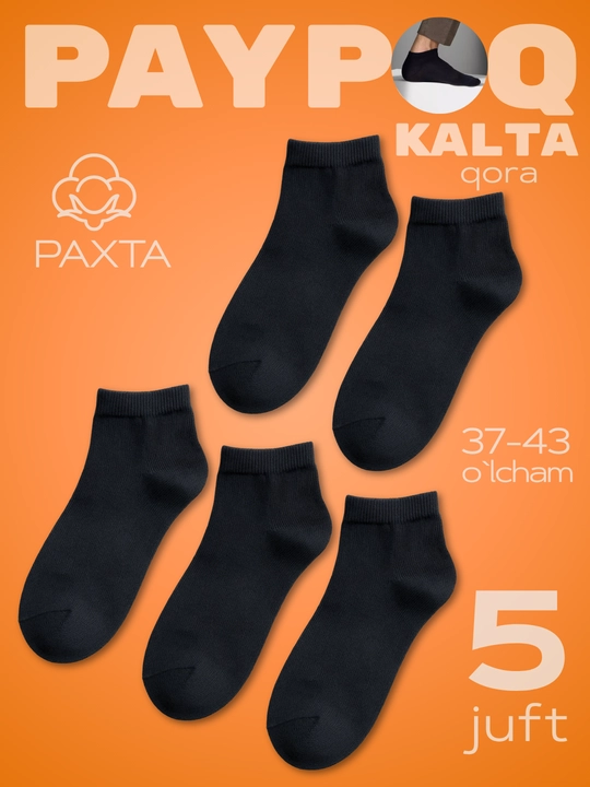 Pyatki paypoqlar erkaklar va ayollar uchun, 38-43 o'lcham, kalta, paxtali - 