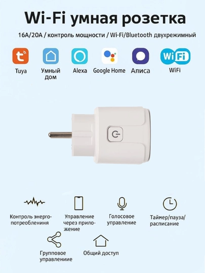 Wi-Fi умная розетка (16A/20A), мобильное и голосовое управление, таймер