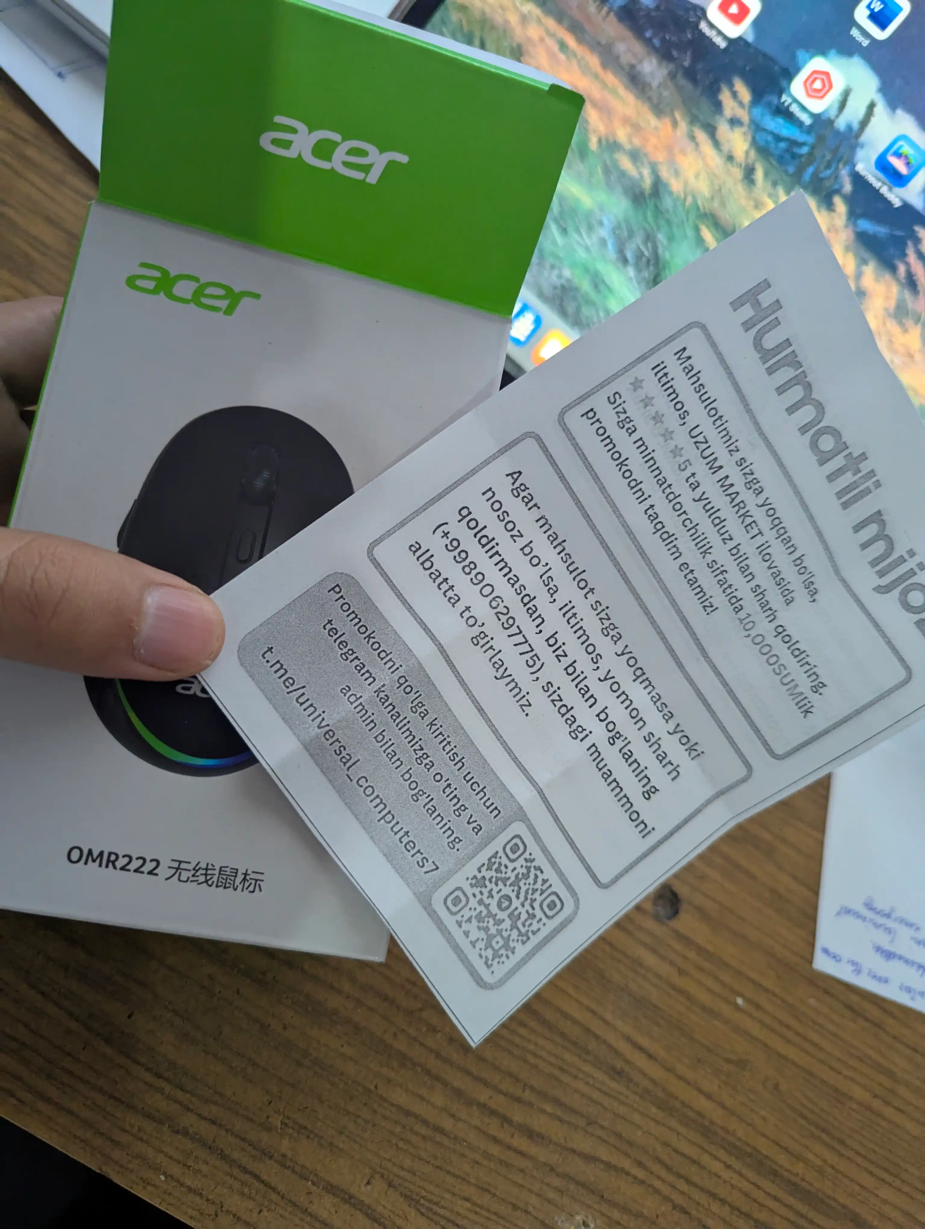 Simsiz kompyuter mini-sichqonchasi ACER, 2 rejim Bluetooth +2.4G, RGB orqa yorug'lik bilan