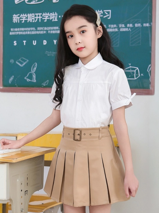Qizlar uchun maktab uchun qisqa yengli oq ko'ylak - 