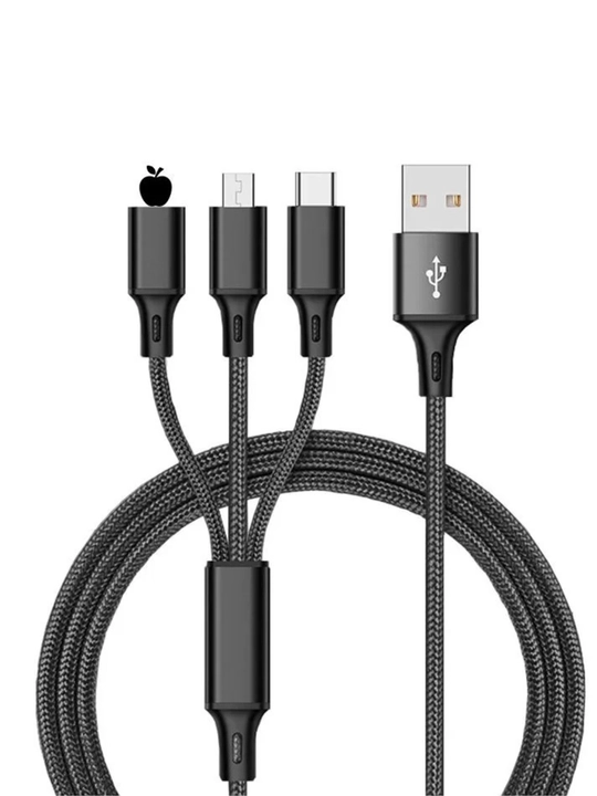 USB 3 tasi 1 da kabel – Type-C, Lightning, MicroUSB, 3A, 1.2m, kumush / qora