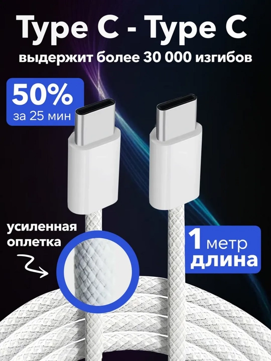Кабель для зарядки Apple iPhone 16 и Android, плетеный, Type-C, с штекером - 