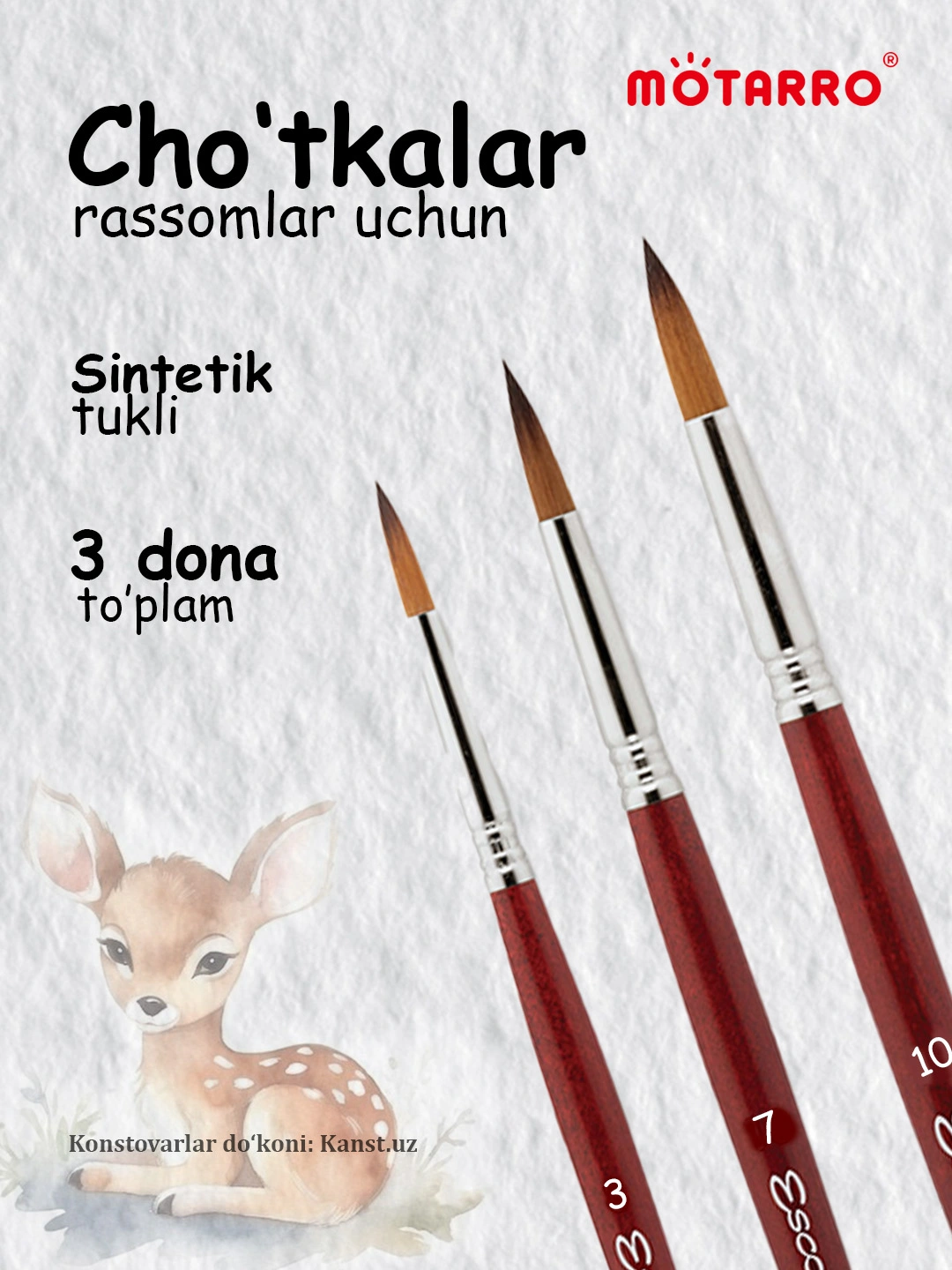 Uzum Rasm Rasm chizish uchun badiiy mo‘yqalam to‘plami 3,7,10. sintetik chotka ...