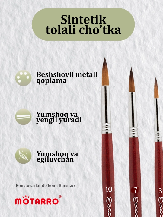 Rasm chizish uchun badiiy mo‘yqalam to‘plami 3,7,10. sintetik chotka,akril va guash uchun