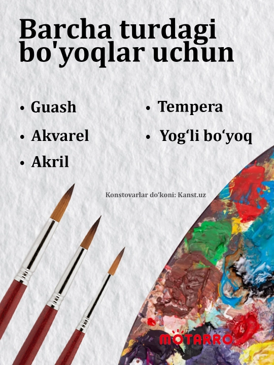 Rasm chizish uchun badiiy mo‘yqalam to‘plami 3,7,10. sintetik chotka,akril va guash uchun