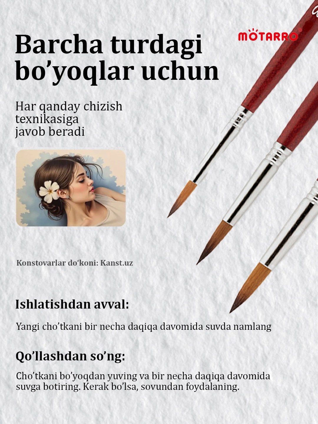 Mo Rasm Rasm chizish uchun badiiy mo‘yqalam to‘plami 3,7,10. sintetik chotka ...