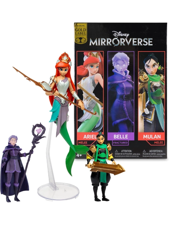 McFarlane Disney Mirrorverse, figurkalar Mulan 12 sm, Belle 12 sm, Ariel 18 sm, 3pk, Gold Label - 