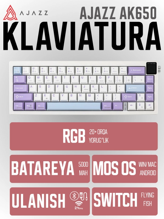 Mexanik Mini O‘yin Klaviaturasi AJAZZ AK650, Simli, Simsiz 2.4G va Bluetooth, TFT Ekranli