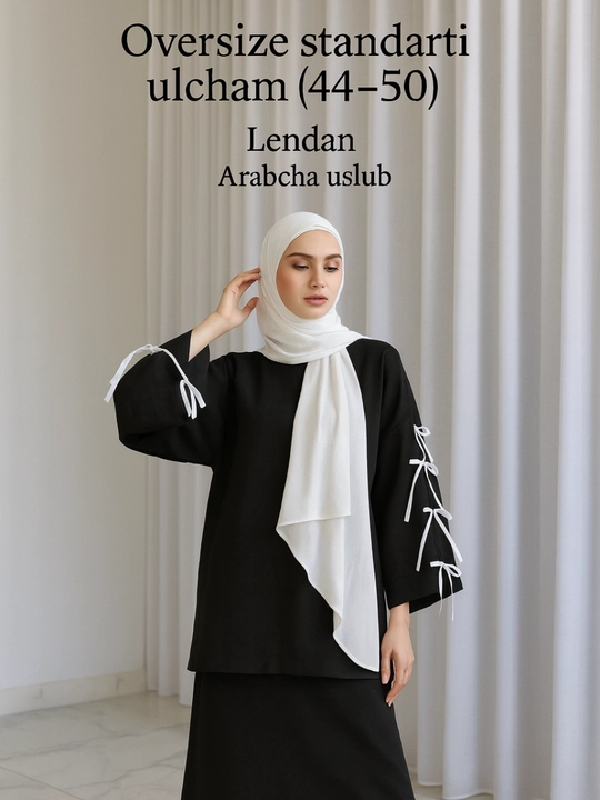 Ayollar uchun arab uslubidagi abaya, yenglarida bantiklar bilan — erkin fason - 