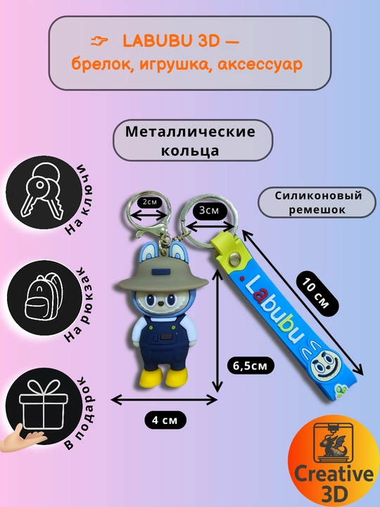 Брелок силиконовый LABUBU — фигурка для рюкзака и ключей, школьный аксессуар, - 
