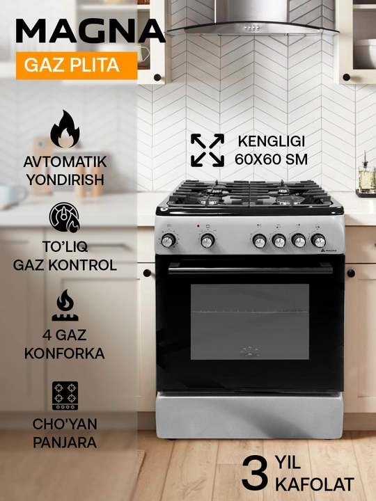 Magna gaz plitasi, mexanik taymer, 4 ta gaz konforka, gaz-nazorati, cho'yan panjara