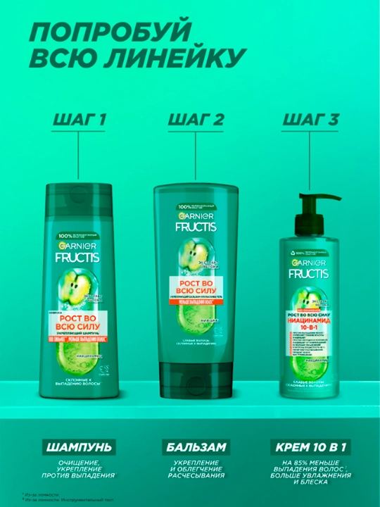 Shampun Garnier Fructis, yo'liq quvvat bilan o'sadi, zaiflashgan sochlar uchun, 400 ml
