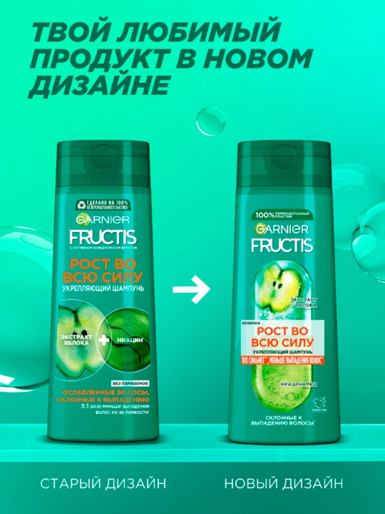 Garnier Fructis Kuchaytiruvchi shampun Fructis Growth to'liq quvvatda, to'kilishga moyil sochlar uchun, 250 ml