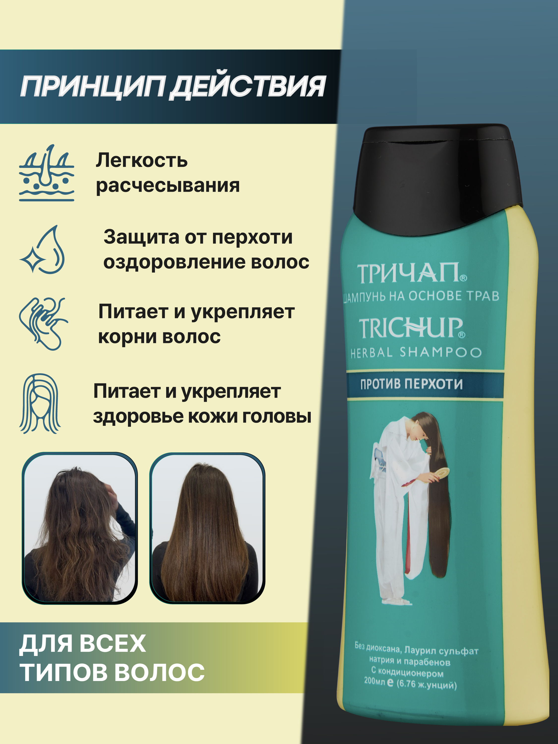 Шампунь для волос Trichup—для роста, на травах: арган, кератин, против перхоти и выпадения
