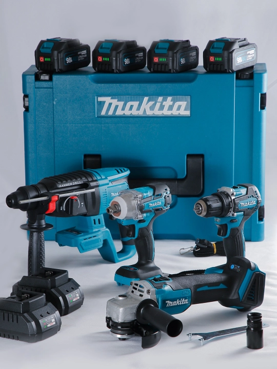Akkumulyatorli to'plam, 4 tasi 1 da, perforator, shurupburagich, gaykaburagich, bolgarka