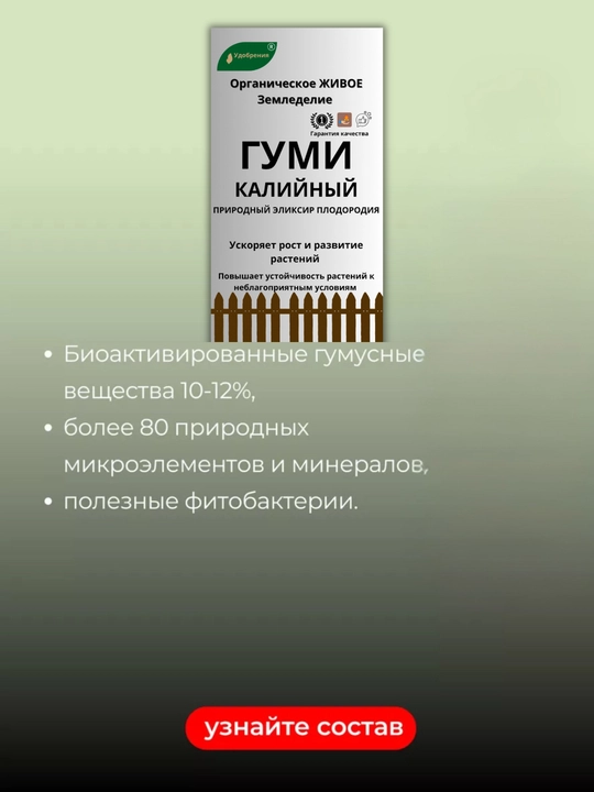 Kaliyli o'g'it Gumi-20 Sotka chernozema, o'simliklar uchun