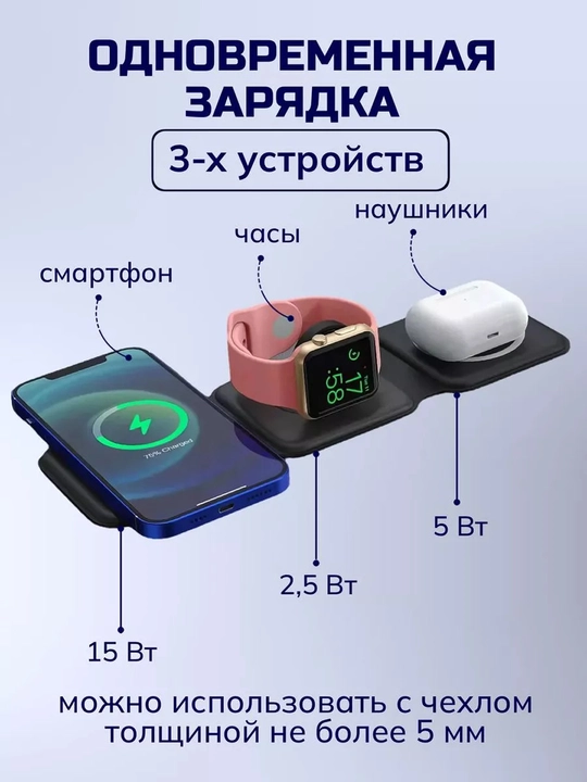 Simsiz zaryadlash 3 tasi 1 da, iPhone, Android, Airpods, Apple Watch uchun