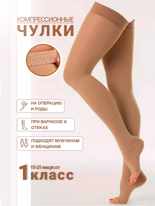 Анти варикозные гольфы, чулки компрессионные, с открытым носком, 1 пара - 
