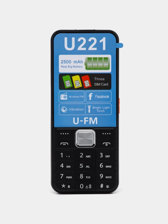 Tugmali telefon U-FM Mobile U221, IMEI kartaning 3 sim raqami ro‘yxatdan o‘tkazilgan, FM radio, 1800 mAh + zaryadka - 