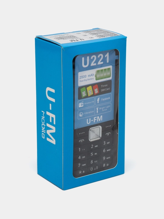 Tugmali telefon U-FM Mobile U221, IMEI kartaning 3 sim raqami ro‘yxatdan o‘tkazilgan, FM radio, 1800 mAh + zaryadka