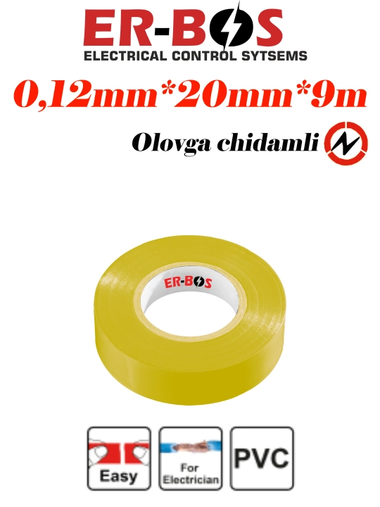 Izolenta, PVC izolyatsion lenta, kabel ezolyatsiyasi uchun, 0.12 mm * 20 mm * 9 m - 