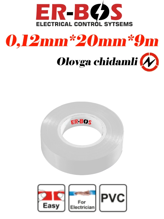 Izolenta, PVC izolyatsion lenta, kabel ezolyatsiyasi uchun, 0.12 mm * 20 mm * 9 m - 