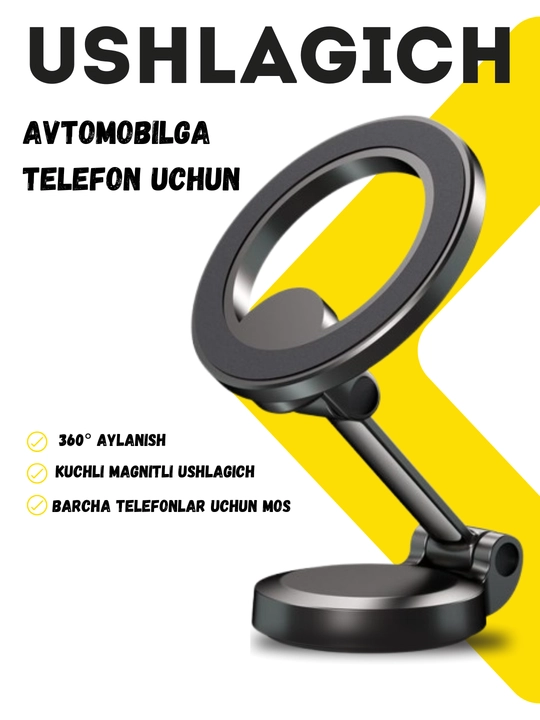 360° aylanuvchi magnitli telefon ushlagich – avtomobil uchun, qora - 