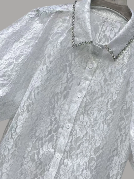 Блузка из кружева с воротником, украшенным стразами Swarovski