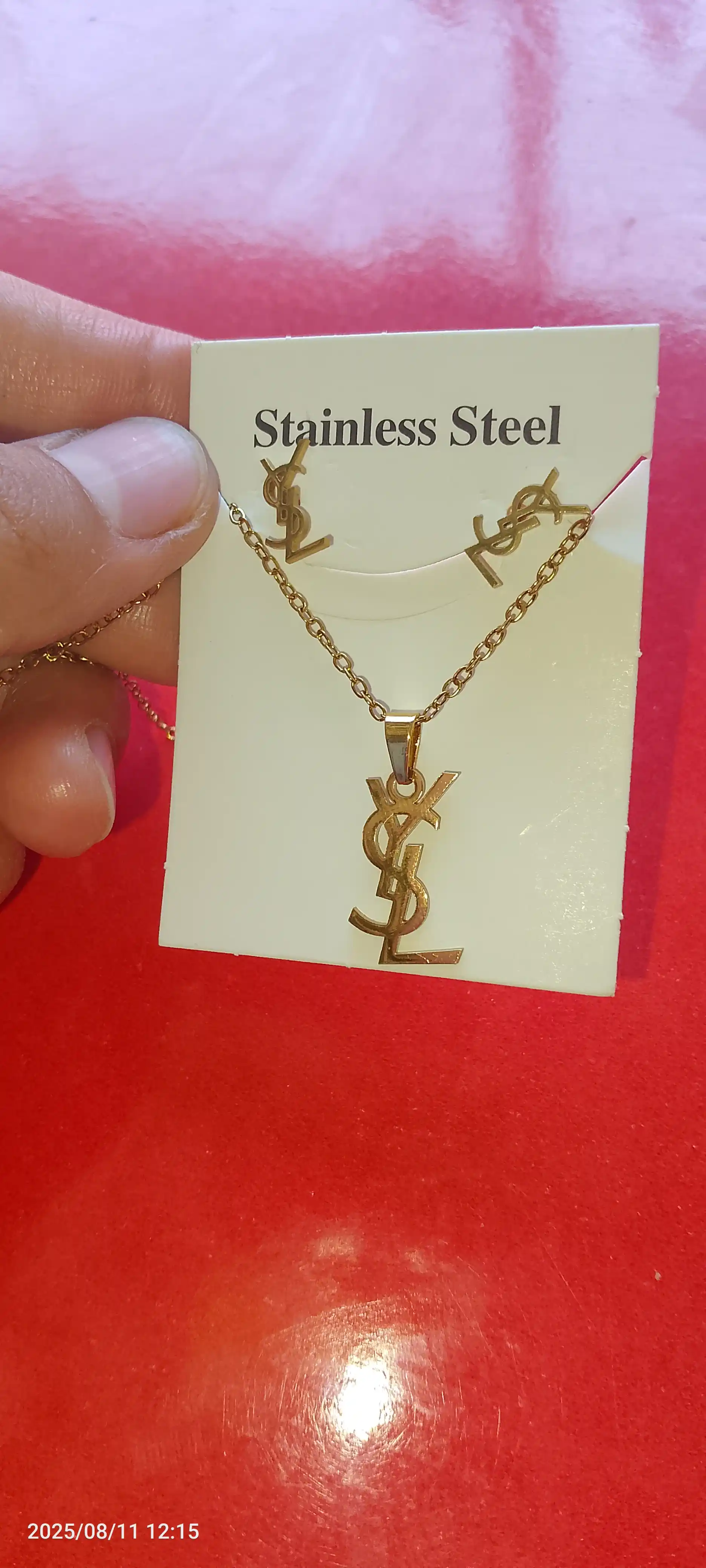 Комплект цепочка с кулоном, серьги YSL, клевер, золотой цвет, бижутерия