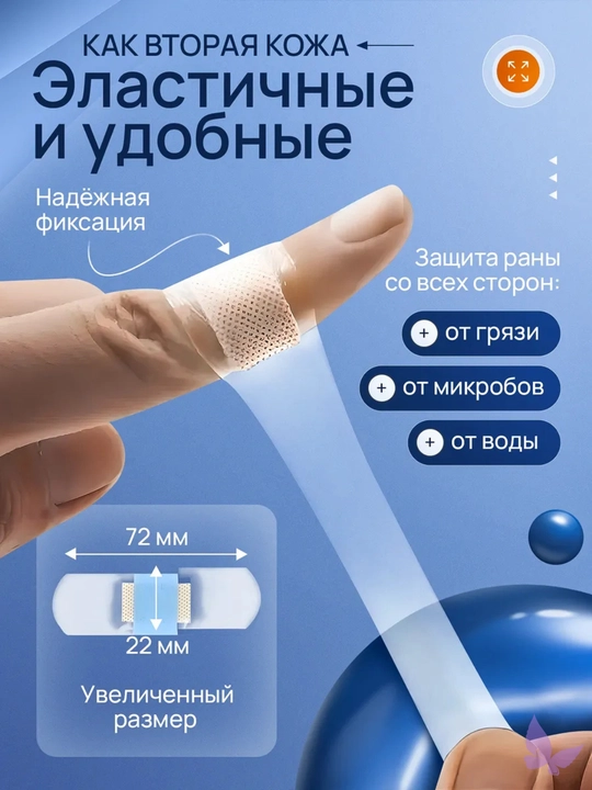 Лейкопластырь - прозрачный невидимый водонепроницаемый, домашний наружный 50 шт