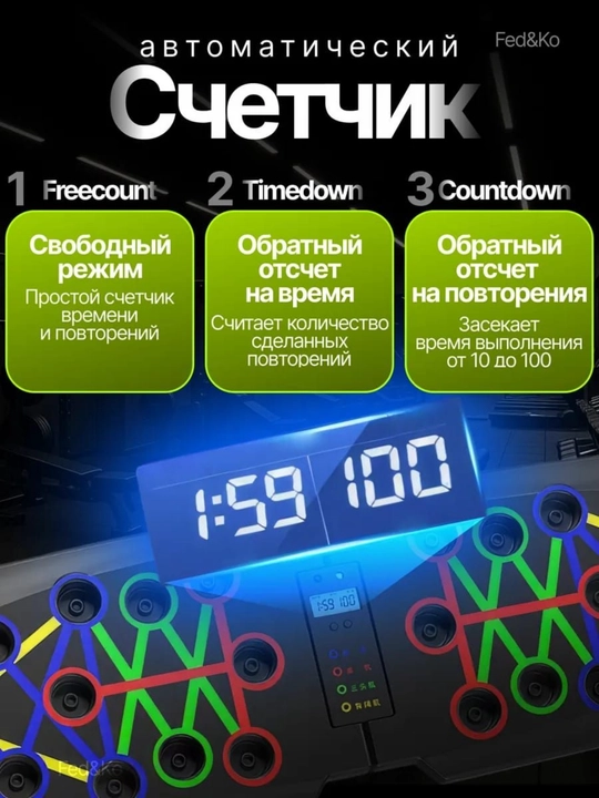 Платформа для отжиманий с упорами складная. С счётчиком, зонами нагрузки, с эспандером