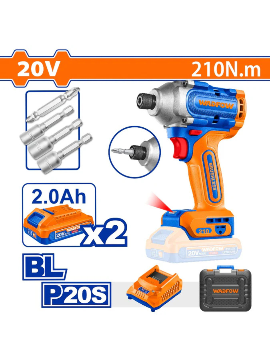 Impact akumliyatori 210 Nm aylanadigan bolg'a WADFOW WCD2B21