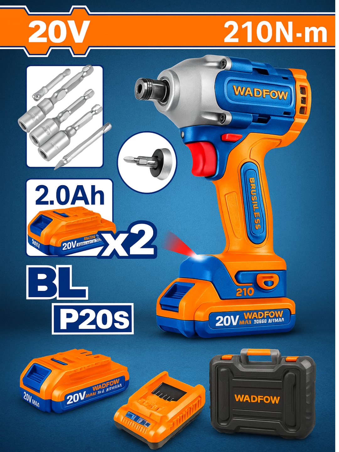 Impact akumliyatori 210 Nm aylanadigan bolg'a WADFOW WCD2B21 - 