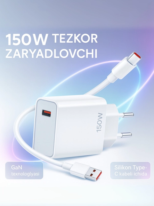 150W tezkor zaryadlovchi, 1×USB-A port, silikon Type-C kabeli bilan - 