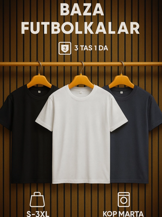 Baza futbolkalar, 3ta to'plam unisex futbolka – qora, kulrang, oq (XS-3XL o'lchamlari) - 